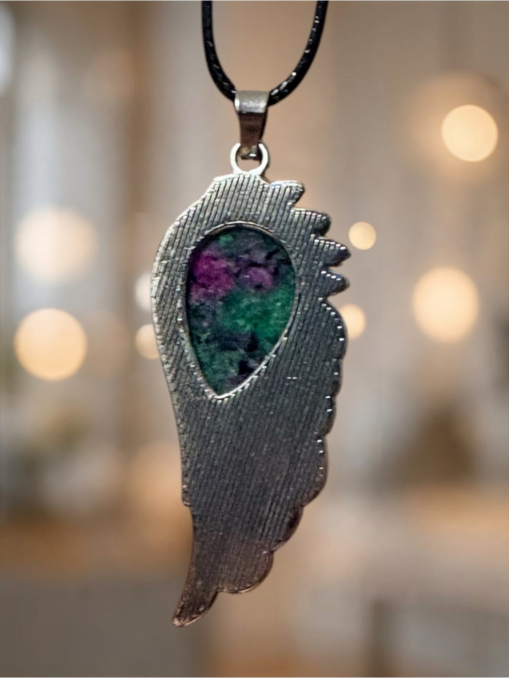 Pink & Green Ruby Zoisite Stone Wing Pendant Feather Necklace Silver - Picture 2 of 3
